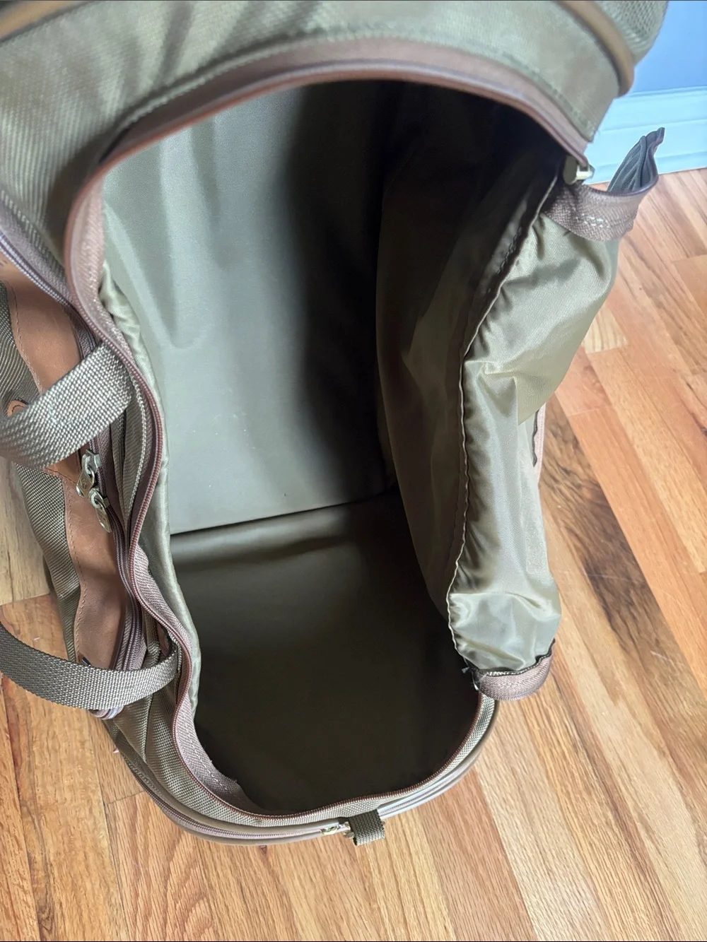 Hartmann Khaki Duffel Bag with Tan Leather Trim and Removable Strap